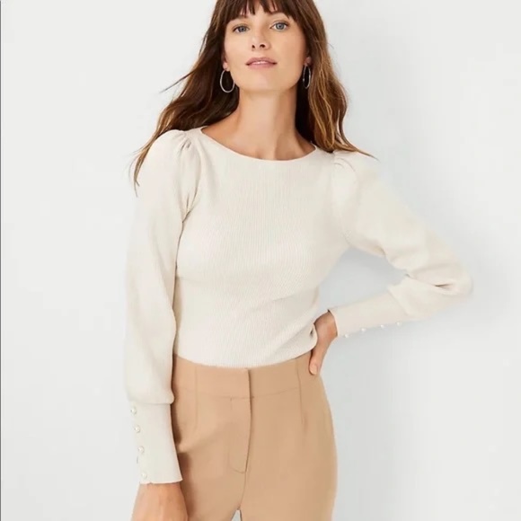 Ann Taylor Pearlized Button Cuff Balloon Sleeve Ivory Cream Sweater Sz L - Picture 1 of 8
